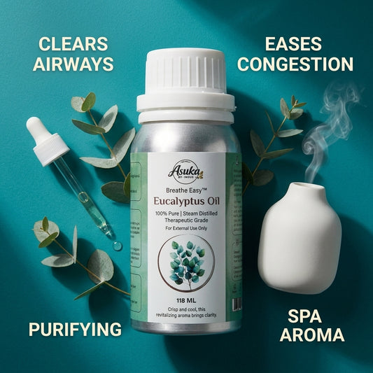 Asuka eucalyptus oil benefits — clears airways, eases congestion, purifying spa aroma