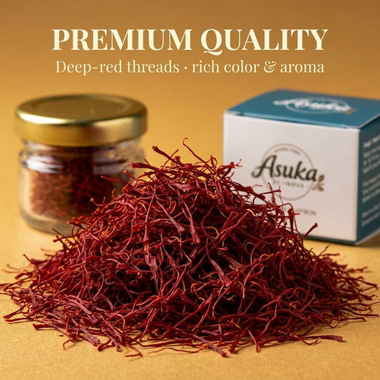 Macro close-up of Asuka grade-A Kashmiri saffron threads with deep red colour