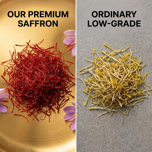 Asuka premium saffron compared with ordinary low-grade saffron — richer colour, longer threads