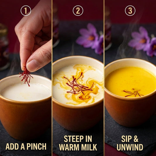 How to use Asuka Mongra saffron — add a pinch, steep in warm milk, sip and unwind