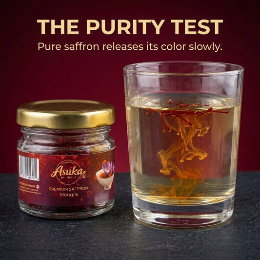 Asuka Mongra saffron purity test — pure threads releasing golden colour in water
