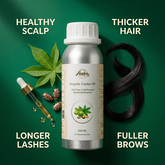 Asuka castor oil benefits — healthy scalp, thicker hair, longer lashes, fuller brows