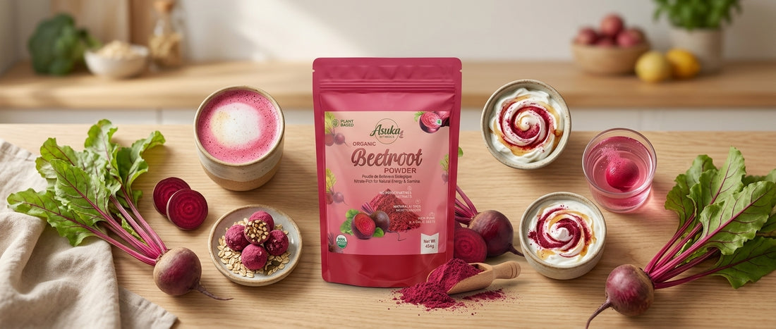 Asuka organic beetroot powder styled for a blog feature — 5 Ways to Use Beetroot Powder Beyond Smoothies