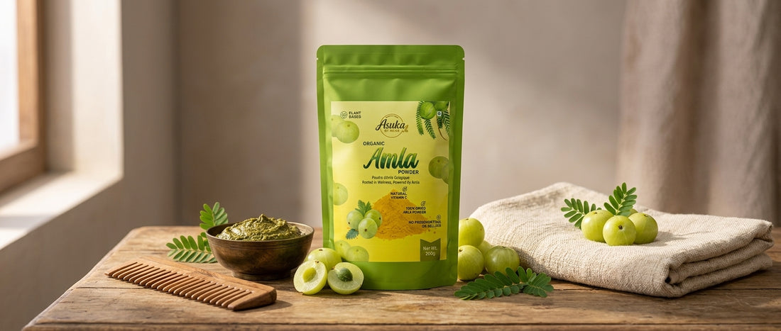 Asuka organic amla powder styled for a blog feature — Amla for Hair: The Ayurvedic Secret to Strength and Shine