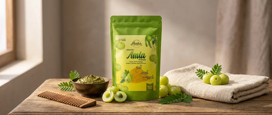 Asuka organic amla powder styled for a blog feature — Amla for Hair: The Ayurvedic Secret to Strength and Shine