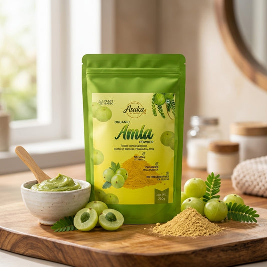Asuka organic amla powder styled for a blog feature — Amla for Skin: The Collagen and Glow Connection
