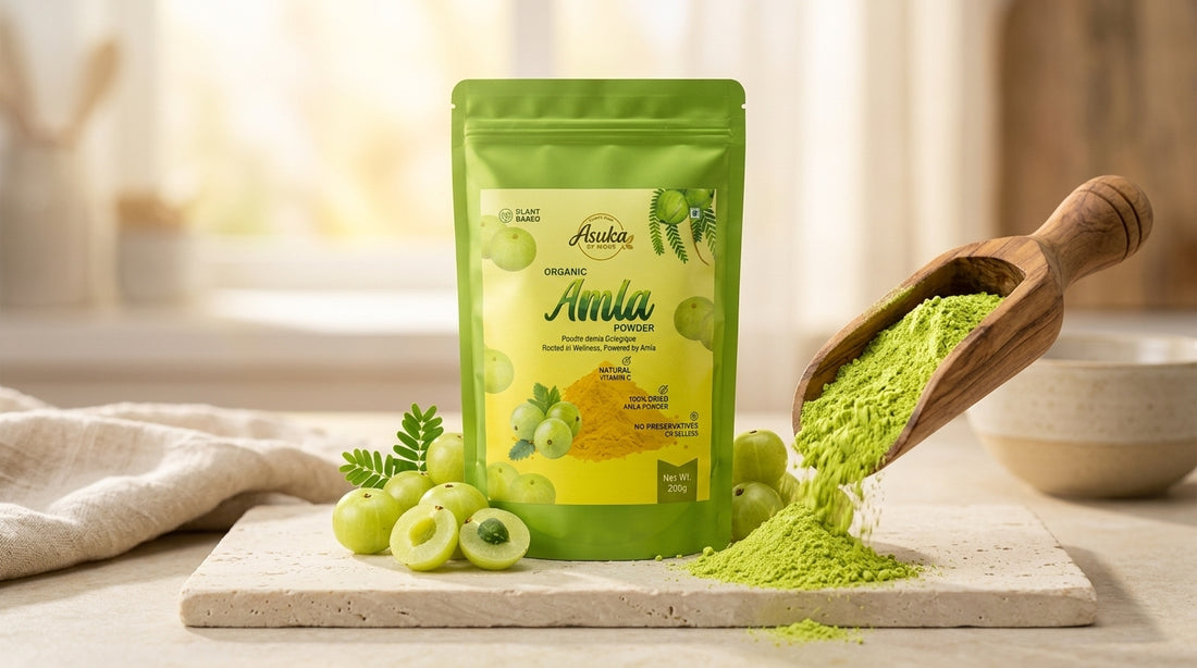 Asuka organic amla powder styled for a blog feature — Amla: The Vitamin C Powerhouse You're Not Eating Yet
