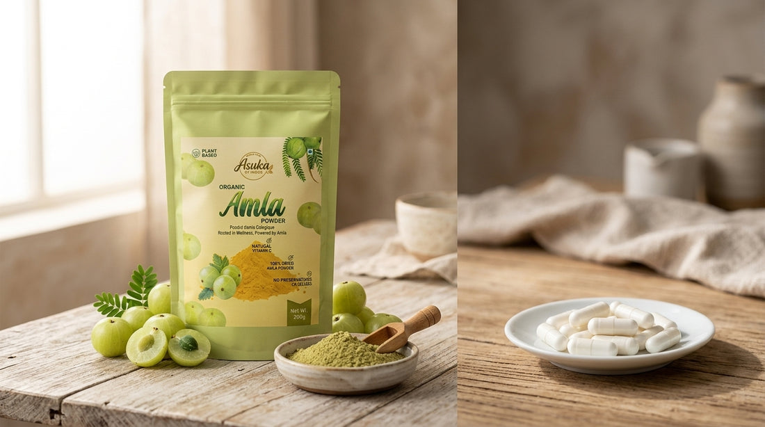 Asuka organic amla powder styled for a blog feature — Amla vs Vitamin C Supplements: Which Is Better?
