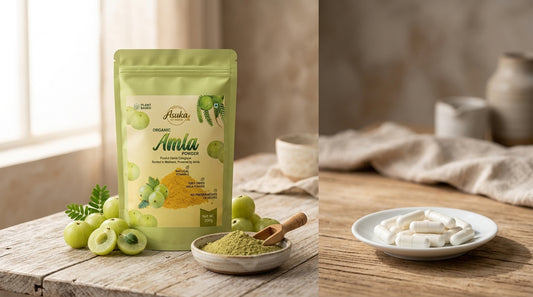 Asuka organic amla powder styled for a blog feature — Amla vs Vitamin C Supplements: Which Is Better?