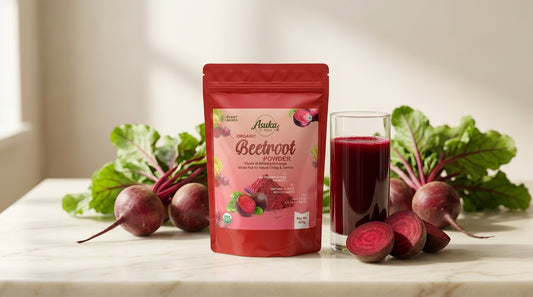 Asuka organic beetroot powder styled for a blog feature — Beetroot and Blood Pressure: What the Research Shows