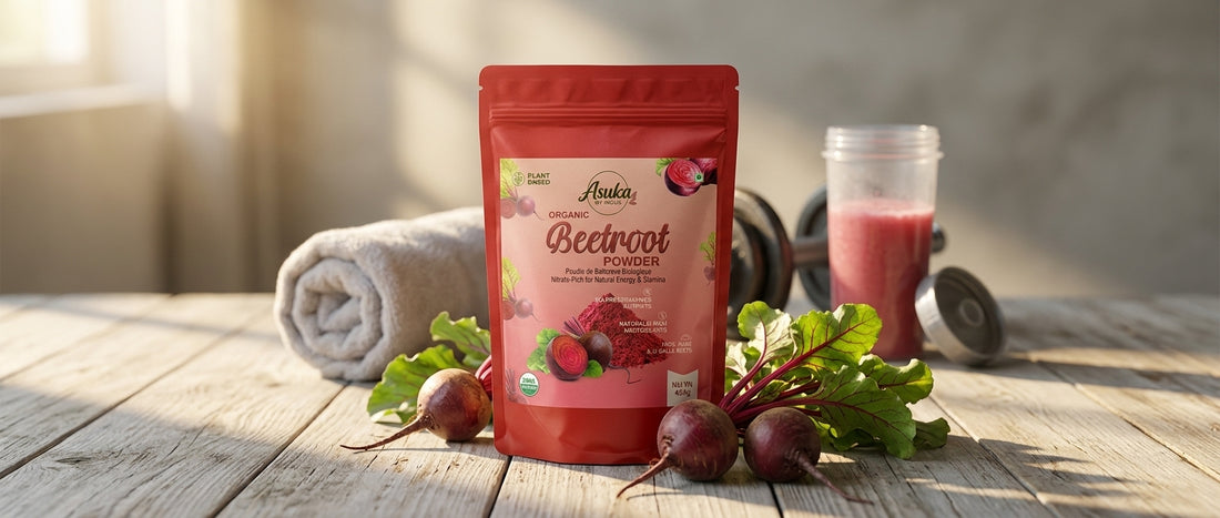 Asuka organic beetroot powder styled for a blog feature — Beetroot Powder Before a Workout: How, When and How Much