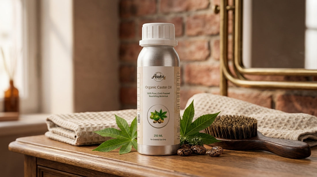 Asuka organic castor oil styled for a blog feature — Castor Oil for Beard Growth: The Honest Guide