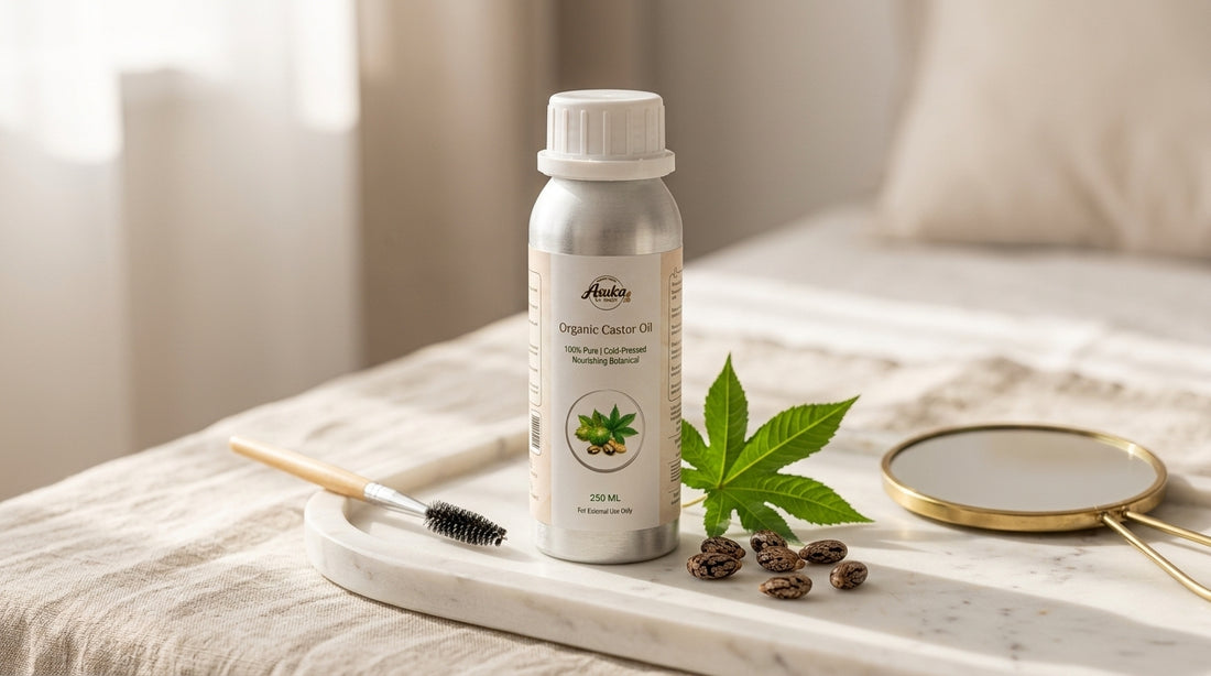Asuka organic castor oil styled for a blog feature — Castor Oil for Eyebrows and Lashes: A Realistic Guide