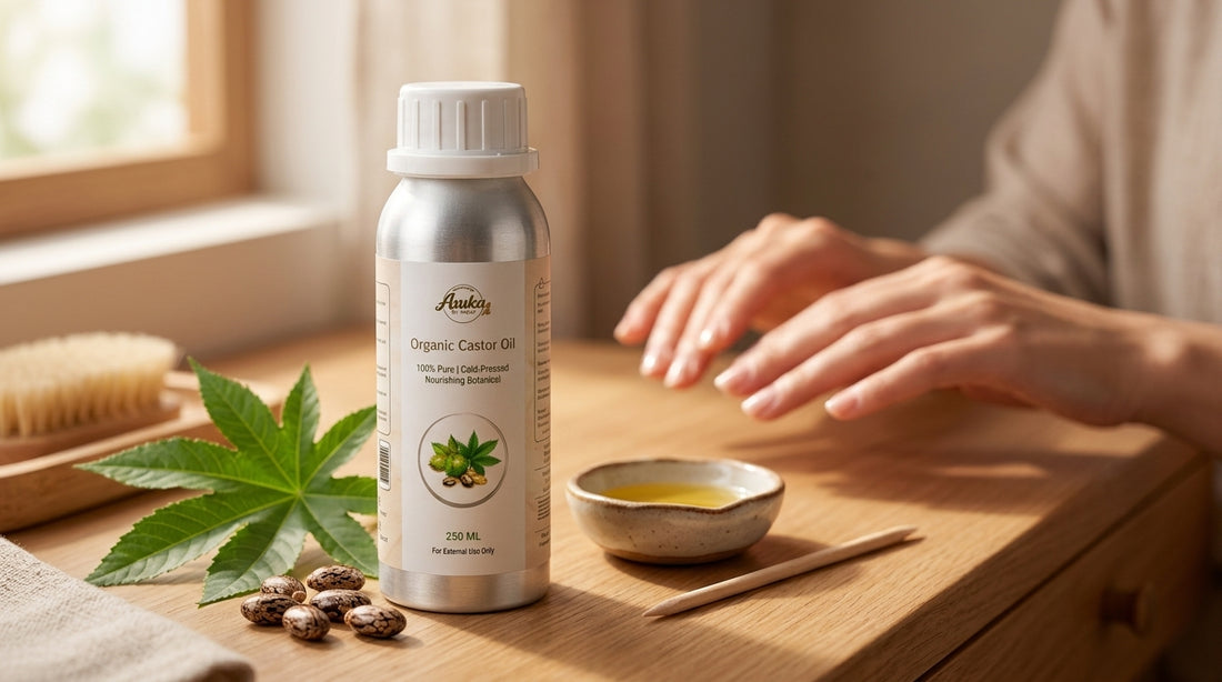 Asuka organic castor oil styled for a blog feature — Castor Oil for Nails and Cuticles: A 2-Minute Nightly Ritual