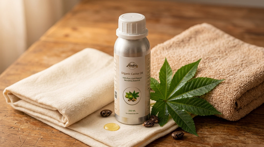 Asuka organic castor oil styled for a blog feature — Castor Oil Packs: What They Are and How to Use One