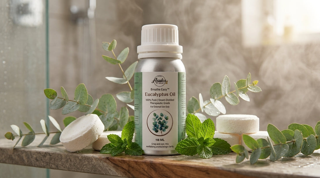 Asuka eucalyptus oil styled for a blog feature — DIY Eucalyptus-Peppermint Shower Steamers