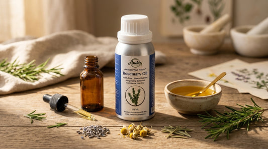 Asuka rosemary oil styled for a blog feature — DIY Rosemary Scalp Serum: A 3-Ingredient Recipe