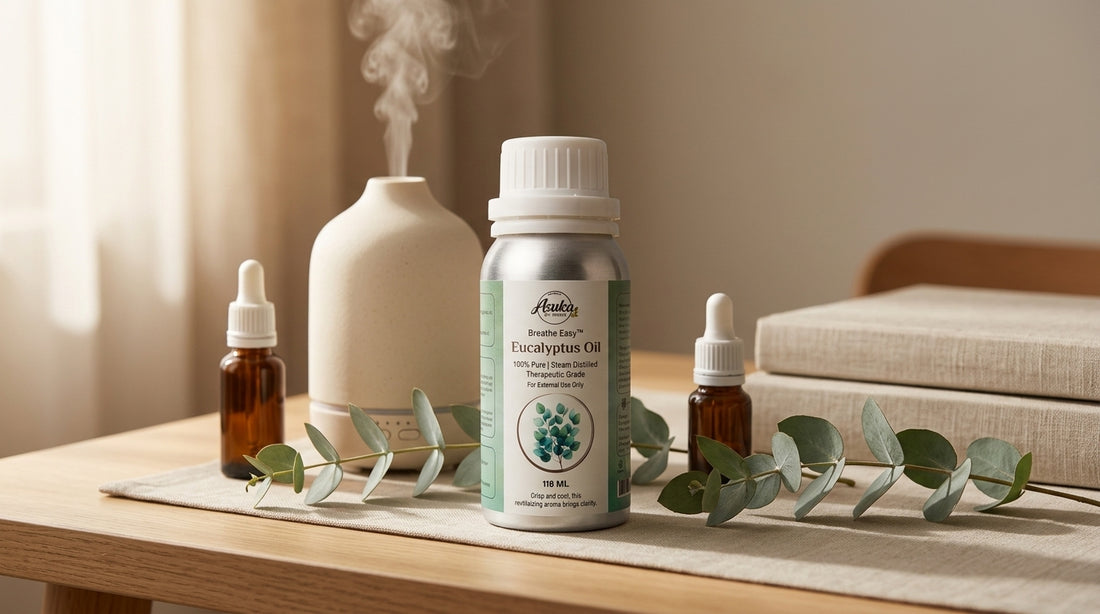 Asuka eucalyptus oil styled for a blog feature — 5 Essential Oil Diffuser Blends for Focus, Calm and Fresh Air