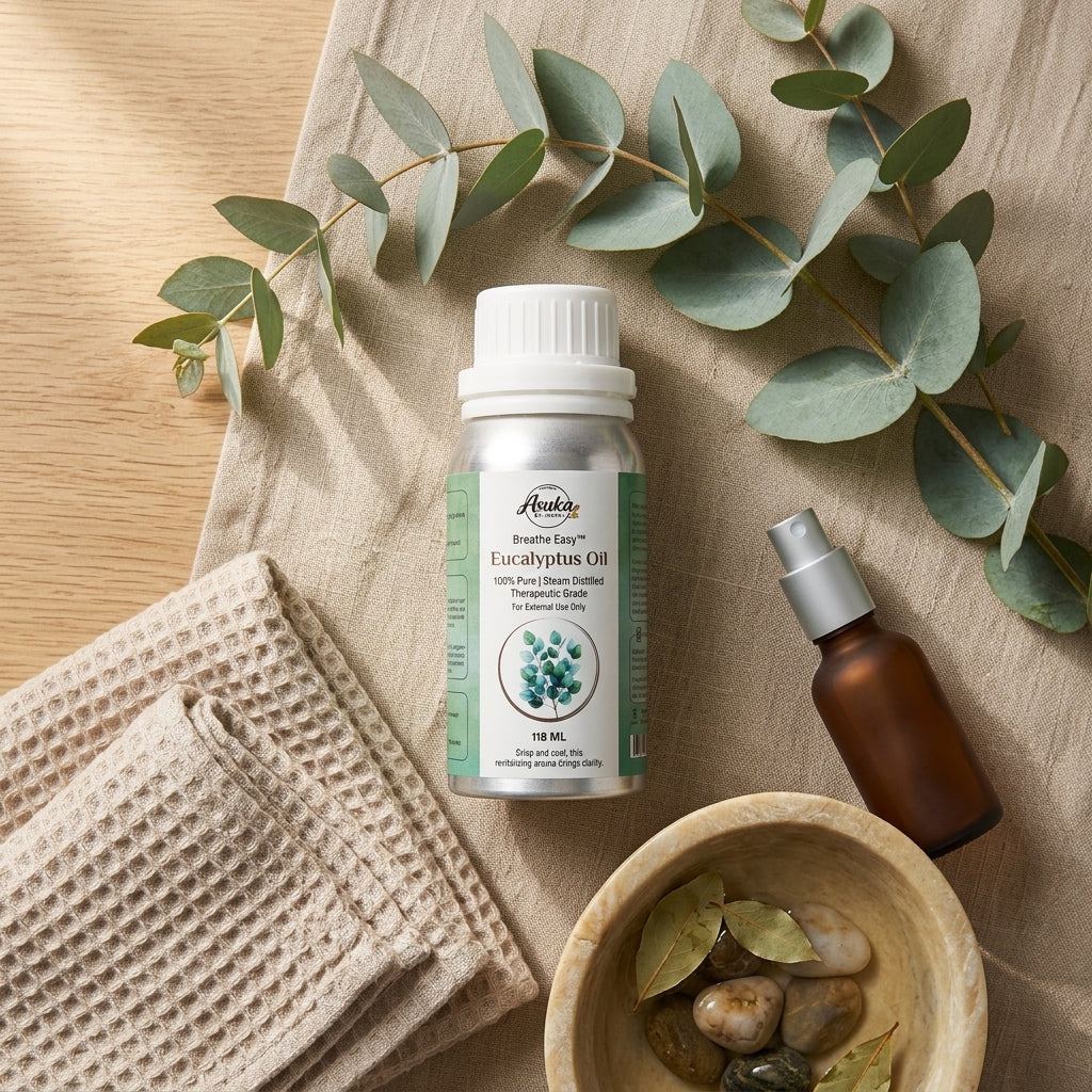 Asuka eucalyptus oil styled for a blog feature — Eucalyptus Oil Beyond the Diffuser: Muscle, Feet and Home Uses
