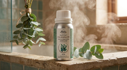 Asuka eucalyptus oil styled for a blog feature — Eucalyptus Oil for Steam, Showers and Easy Breathing