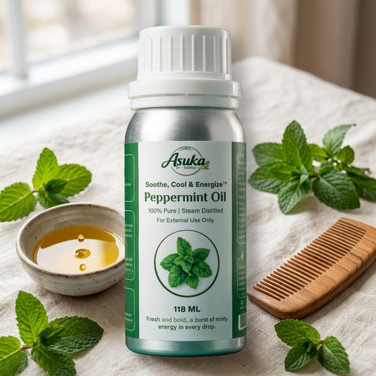Asuka peppermint oil styled for a blog feature — Peppermint Oil for Hair, Scalp and Headaches: A Practical Guide