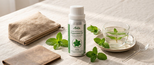 Asuka peppermint oil styled for a blog feature — Peppermint Oil for Nausea and Travel Days
