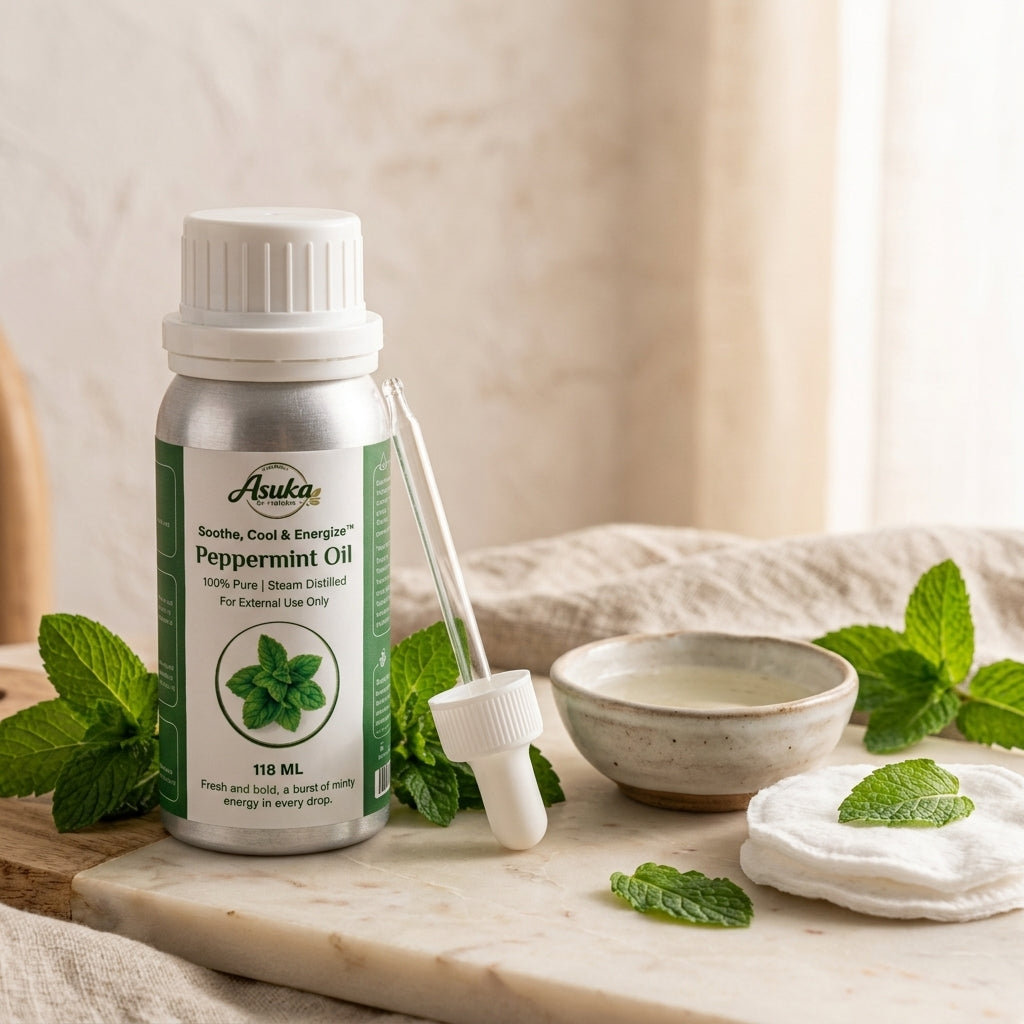 Asuka peppermint oil styled for a blog feature — Peppermint Oil for Oily Skin and Breakouts (Use With Care)