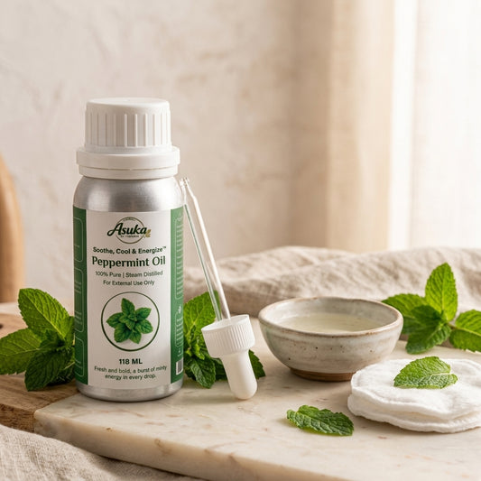 Asuka peppermint oil styled for a blog feature — Peppermint Oil for Oily Skin and Breakouts (Use With Care)