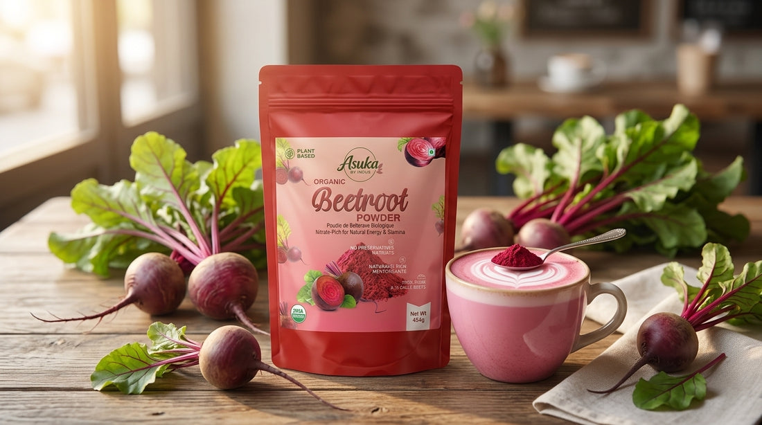 Asuka organic beetroot powder styled for a blog feature — The Pink Latte: Beetroot Powder Recipes Worth Waking Up For