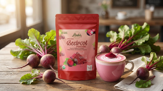 Asuka organic beetroot powder styled for a blog feature — The Pink Latte: Beetroot Powder Recipes Worth Waking Up For