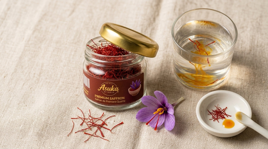 Asuka Kashmiri saffron styled for a blog feature — Real vs Fake Saffron: 5 Tests You Can Do at Home