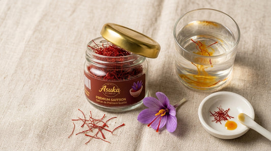 Asuka Kashmiri saffron styled for a blog feature — Real vs Fake Saffron: 5 Tests You Can Do at Home