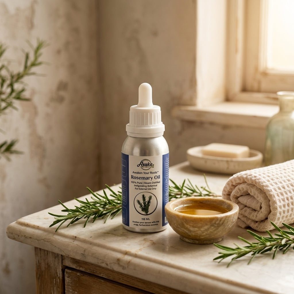 Asuka rosemary oil styled for a blog feature — Rosemary Oil for Dandruff and an Itchy Scalp