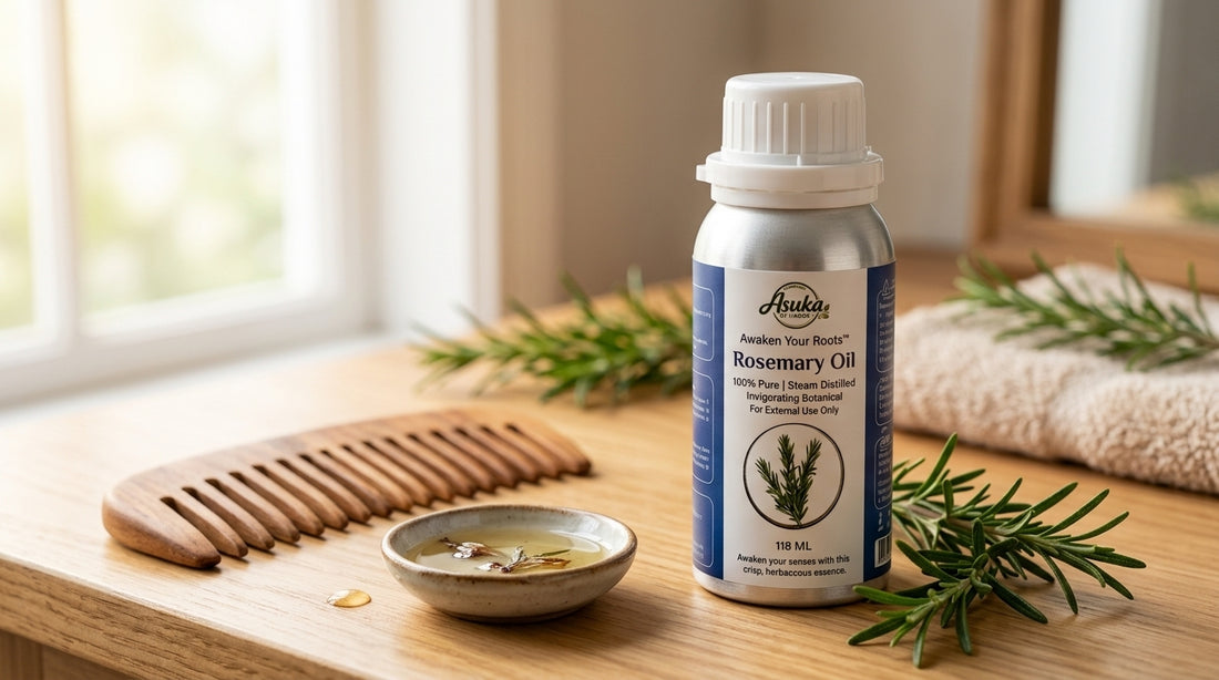 Asuka rosemary oil styled for a blog feature — Rosemary Oil for Hair Growth: How to Use It and What to Realistically Expect