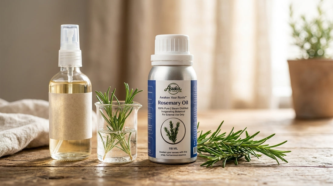 Asuka rosemary oil styled for a blog feature — Rosemary Water vs Rosemary Oil for Hair: Which Should You Use?