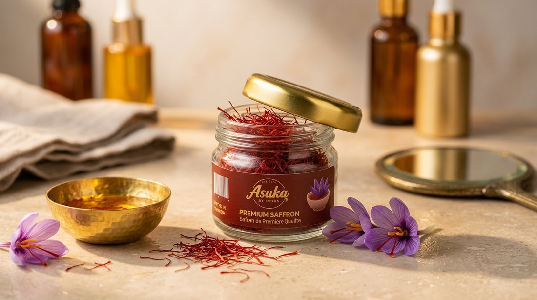 Asuka Kashmiri saffron styled for a blog feature — Saffron for Skin: What It Actually Does (and How to Use It)
