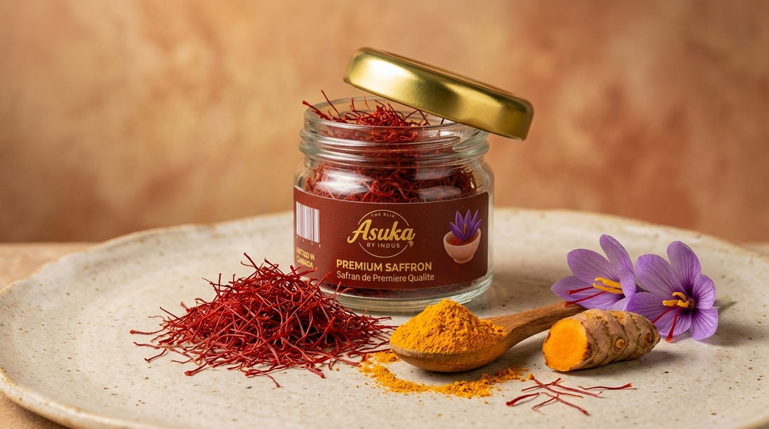 Asuka Kashmiri saffron styled for a blog feature — Saffron vs Turmeric: Two Golden Spices, Two Very Different Jobs