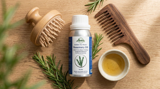 Asuka rosemary oil styled for a blog feature — Scalp Health 101: The Routine That Actually Makes a Difference