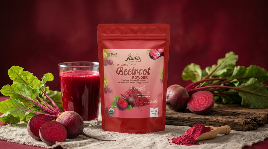 Asuka organic beetroot powder styled for a blog feature — The Crimson Superfood: How Beetroot Powder Transforms Circulation, Recovery, and Gut Health