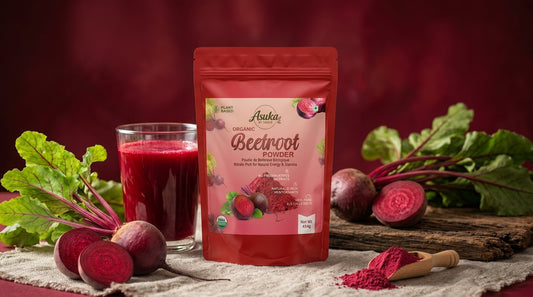 Asuka organic beetroot powder styled for a blog feature — The Crimson Superfood: How Beetroot Powder Transforms Circulation, Recovery, and Gut Health