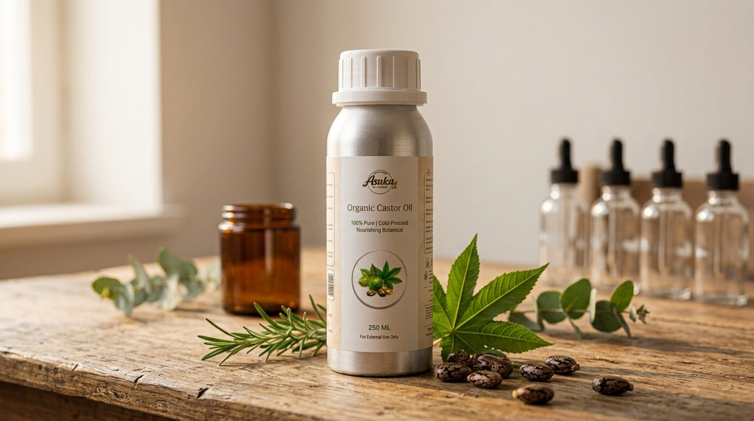 Asuka organic castor oil styled for a blog feature — The Ultimate DIY Soothing Skin Oil: Castor Oil, Batana Oil, Eucalyptus Oil & Rosemary Oil