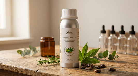 Asuka organic castor oil styled for a blog feature — The Ultimate DIY Soothing Skin Oil: Castor Oil, Batana Oil, Eucalyptus Oil & Rosemary Oil