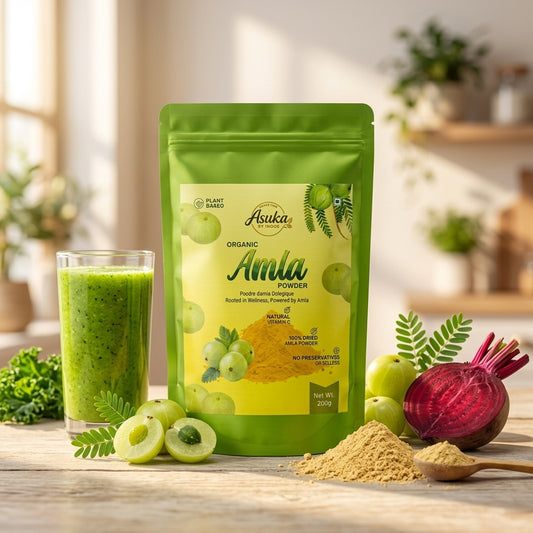Asuka organic amla powder styled for a blog feature — The Ultimate "Inner Glow" Smoothie: Amla, Beetroot & Moringa