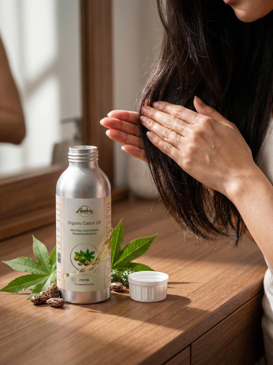 Applying Asuka Organic Castor Oil through hair