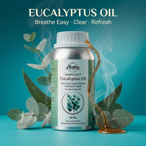 Asuka 100% pure, steam-distilled eucalyptus essential oil — no synthetics, therapeutic grade