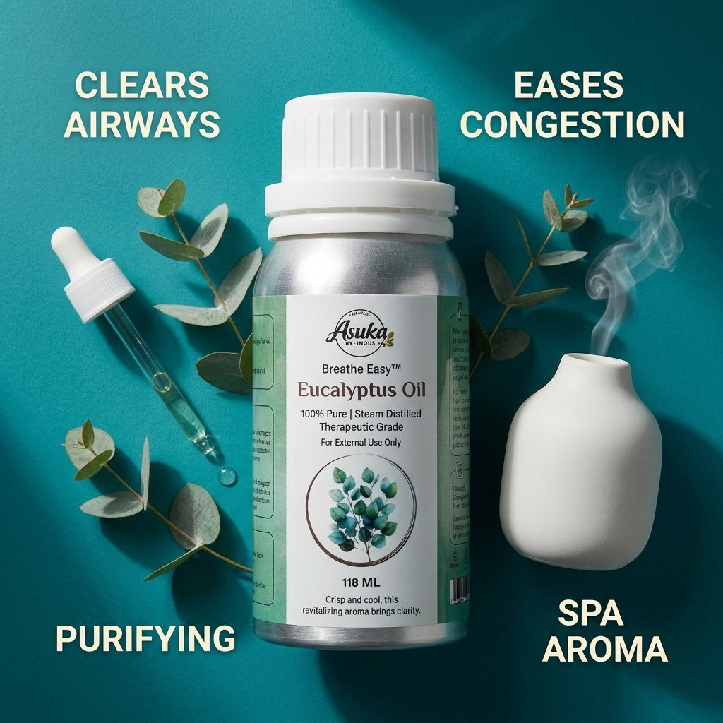 Asuka eucalyptus oil benefits — clears airways, eases congestion, purifying spa aroma