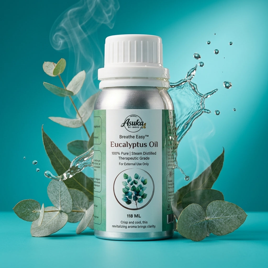 Asuka Eucalyptus Essential Oil 118 ml — 100% pure steam-distilled oil in an amber dropper bottle