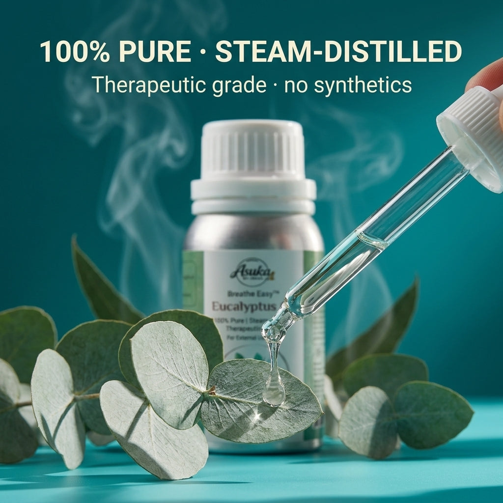 Asuka eucalyptus essential oil — clear, therapeutic-grade purity in an amber bottle