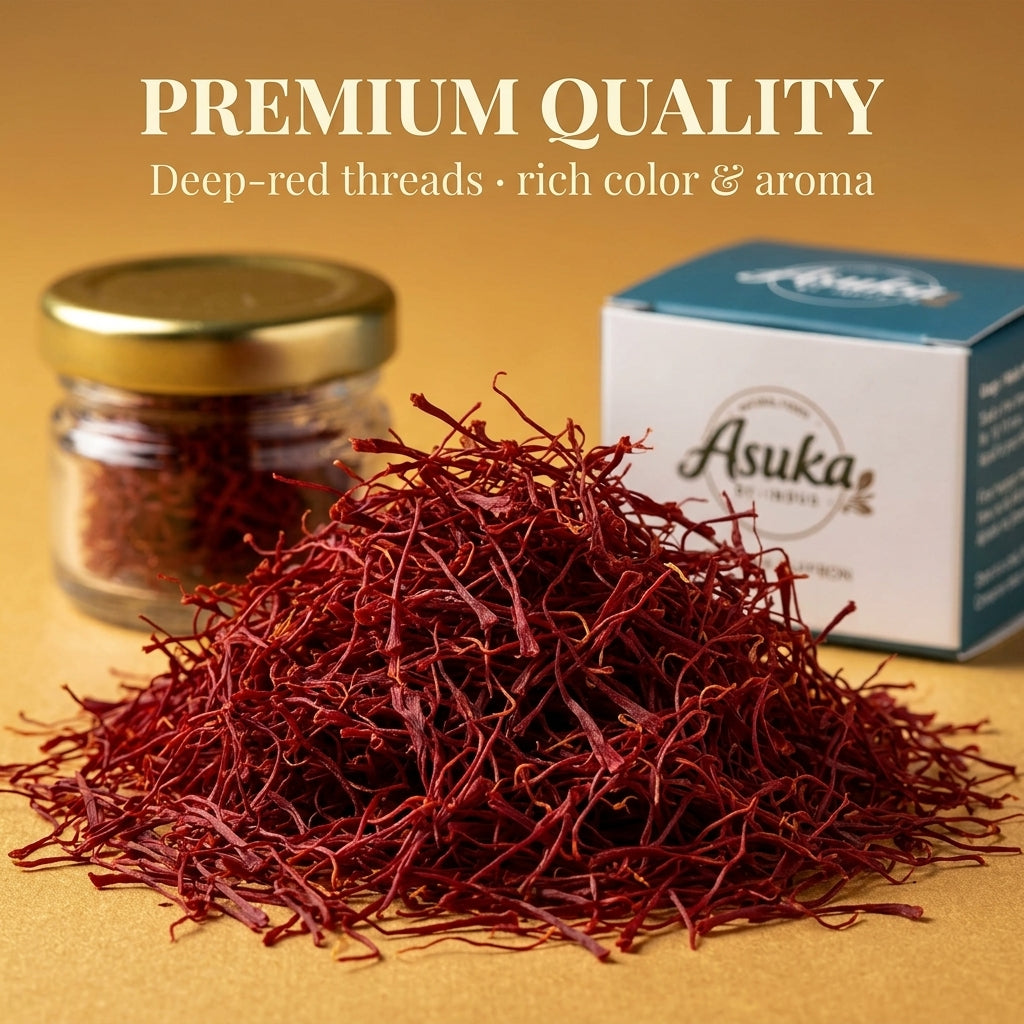 Macro close-up of Asuka grade-A Kashmiri saffron threads with deep red colour