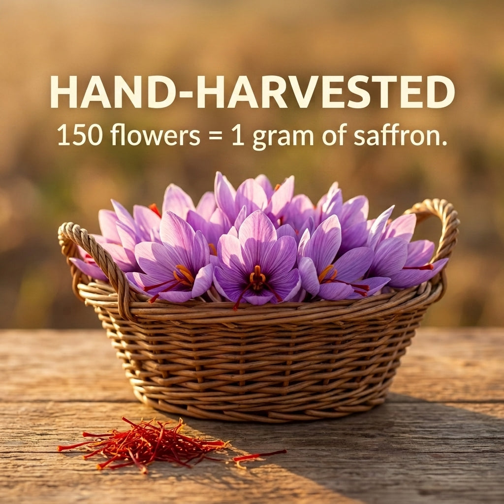 Hand-harvested Kashmiri saffron — about 150 crocus flowers for 1 gram of Asuka saffron